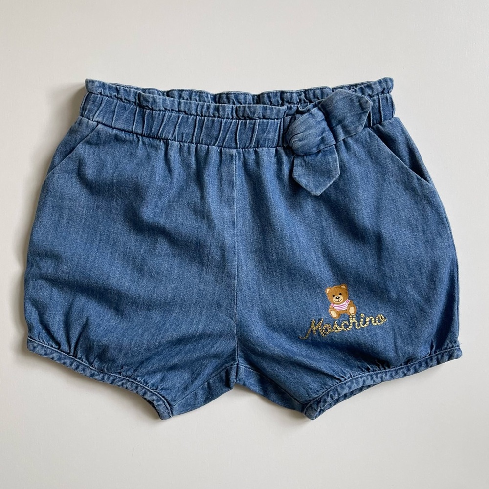 Moschino Girl’s Soft Denim Bubble Shorts w Teddy Bear Logo & Moschino Embroidery